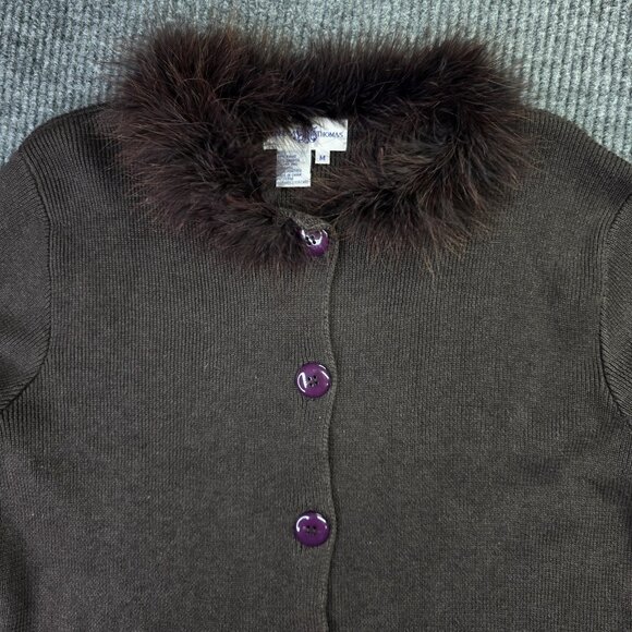Rebecca Thomas Sweater Womens Medium Brown Feather Trim Cardigan Button Up - Picture 2 of 14